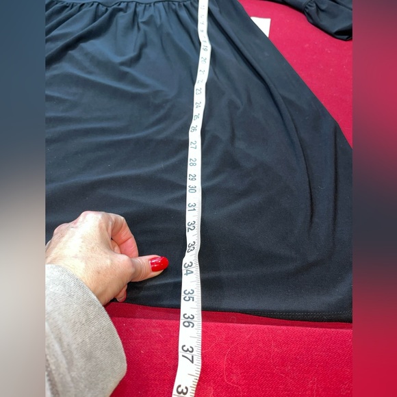 BLACK Wide NECK Flowy DRESS stretchy knit Empire Waist 3/4 Ruffle cuff Sleeves L - Picture 5 of 10